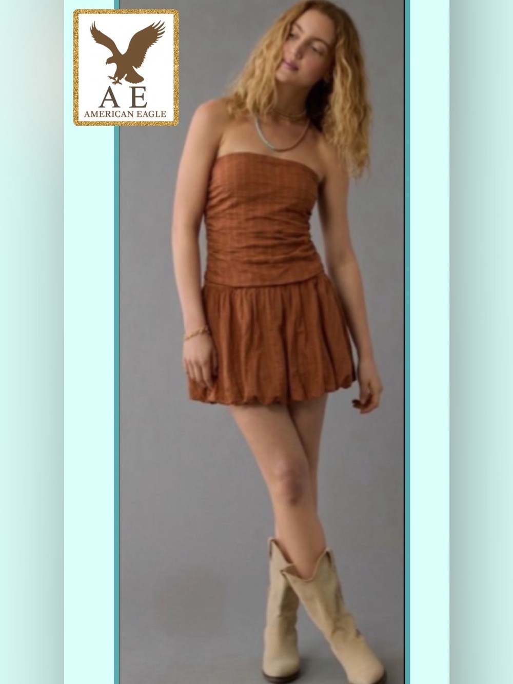 American Eagle Strapless Drop Waist Mini Bubble Dress Brown XS open back
